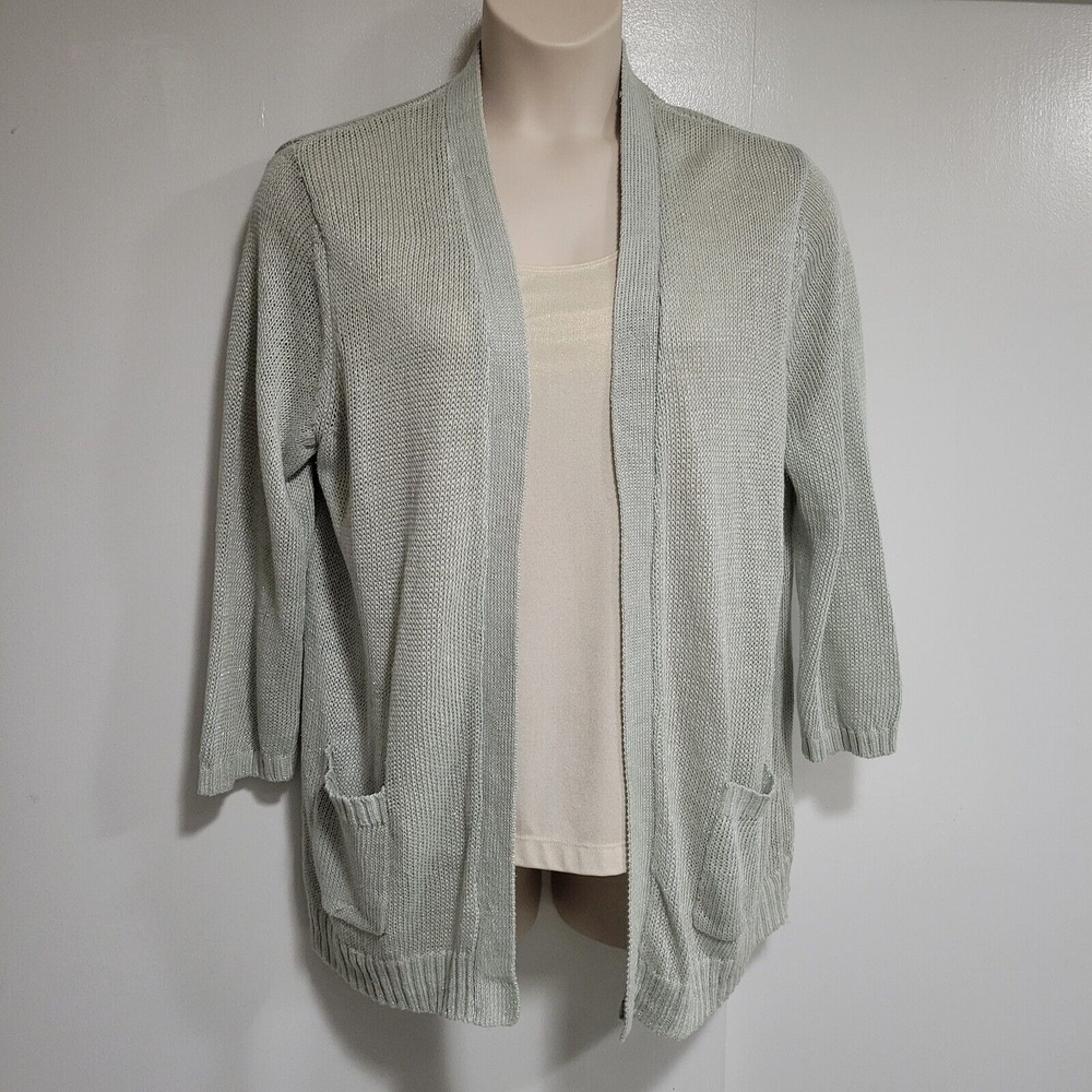 Chico's 3 Leanna Pale Green Boyfriend Cardigan Sweater 3/4 Sleeve w Pockets NWT